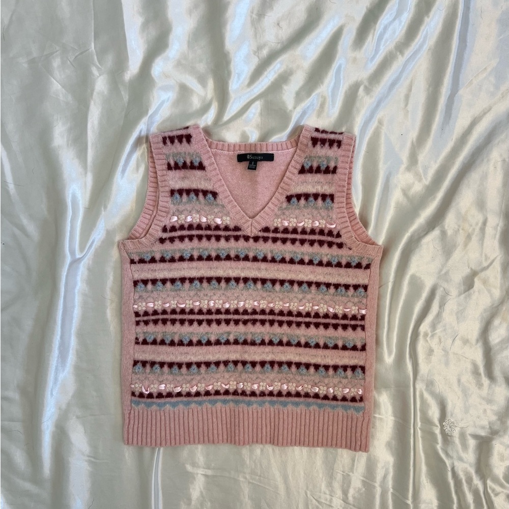 Vintage Suzuya Pink Fair Isle Sweater Vest with Beaded Detail (Size S)